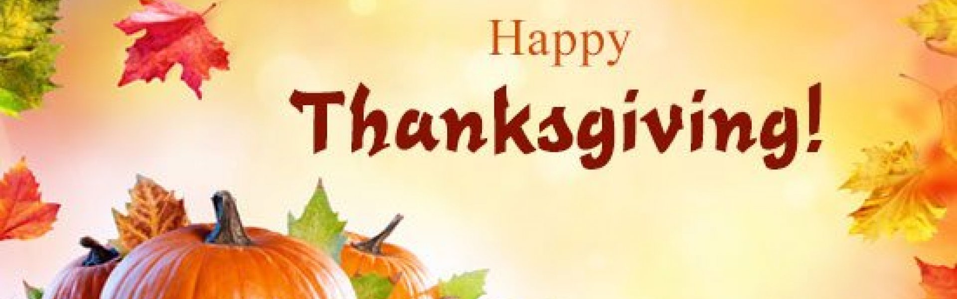 Happy Thanksgiving text with pumpkins and leaves